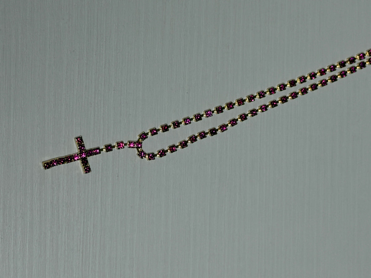 COLLANA CROCE BRILLANTINI FUCSIA