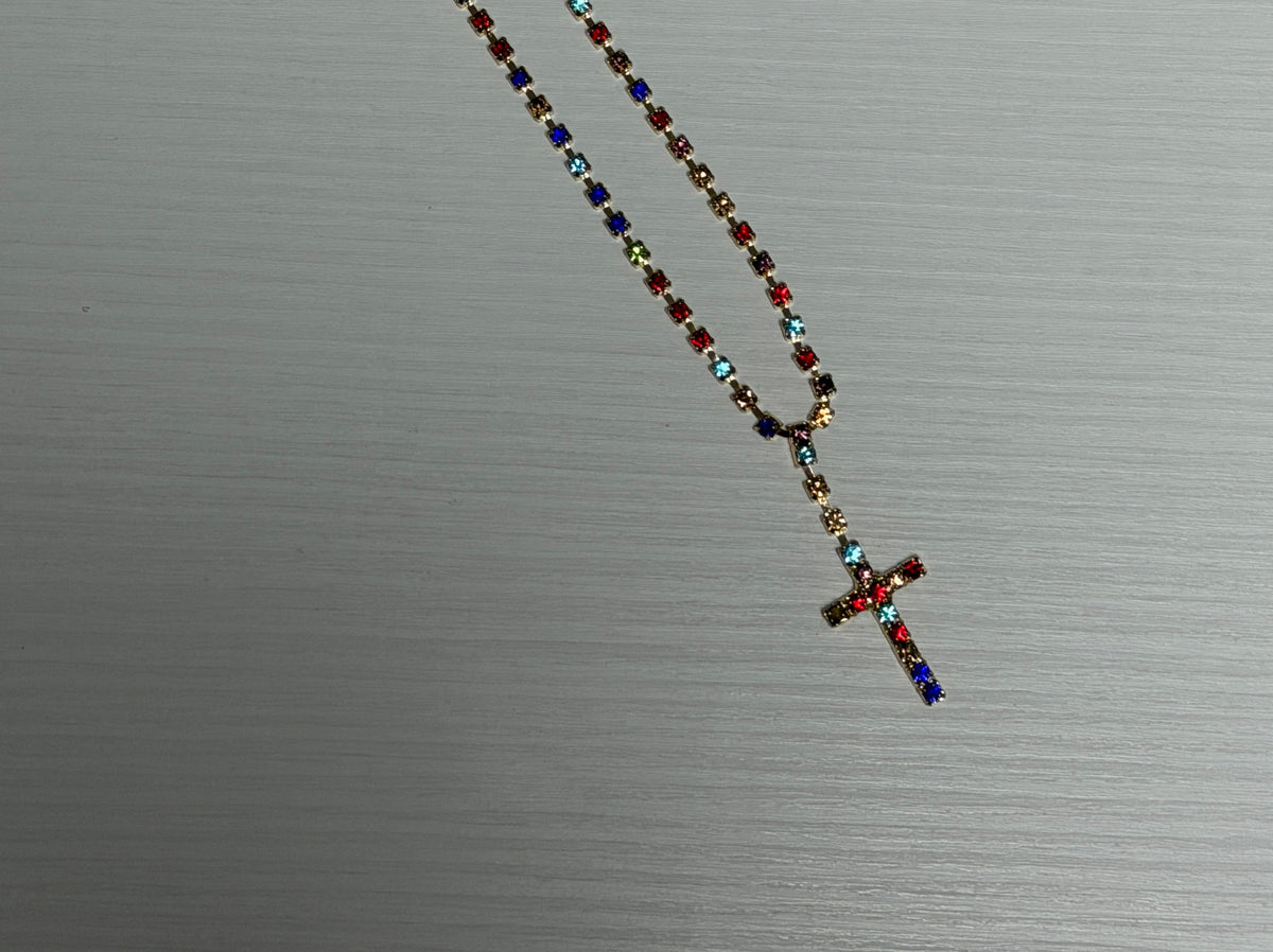 COLLANA CROCE BRILLANTINI MULTICOLOR