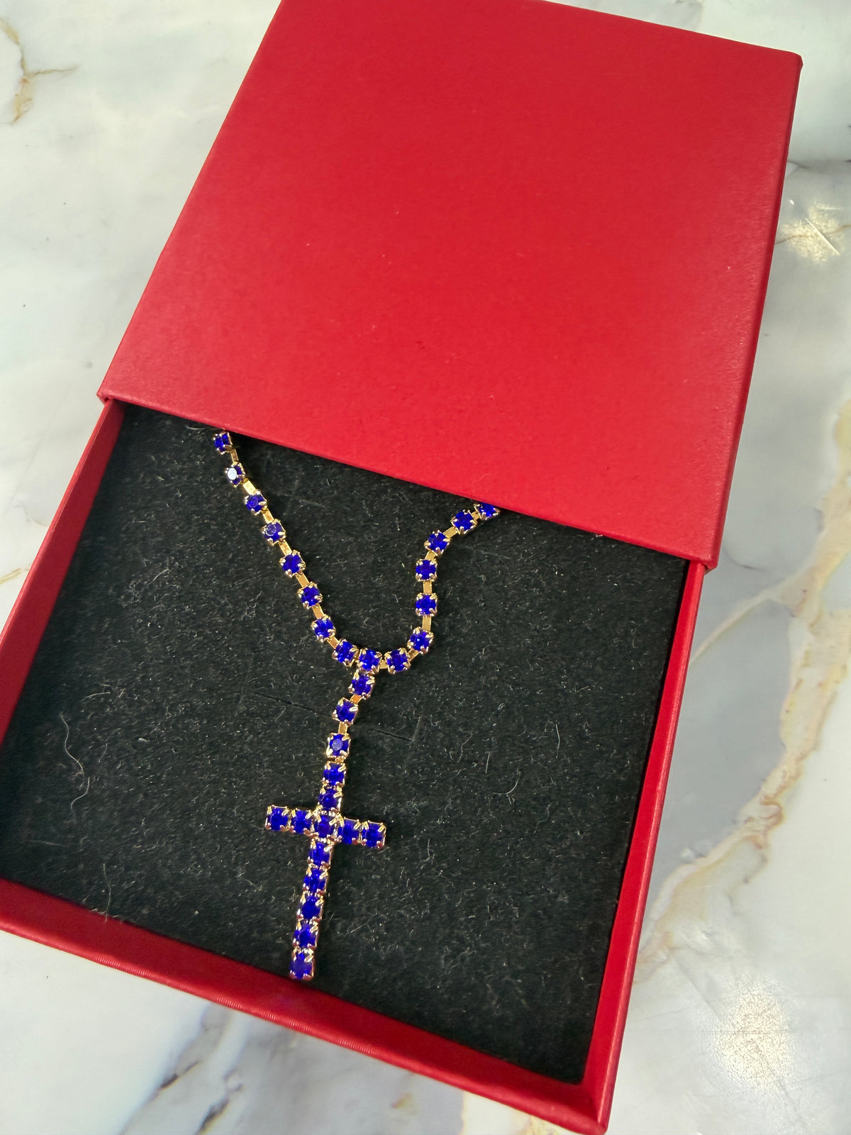 COLLANA CROCE BRILLANTINI BLU
