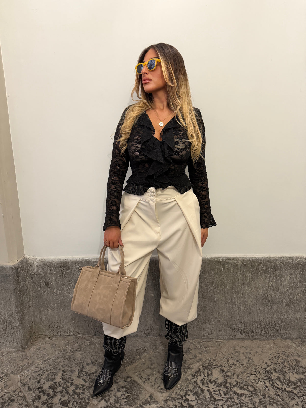 PANTALONE VITA ALTA PANNA