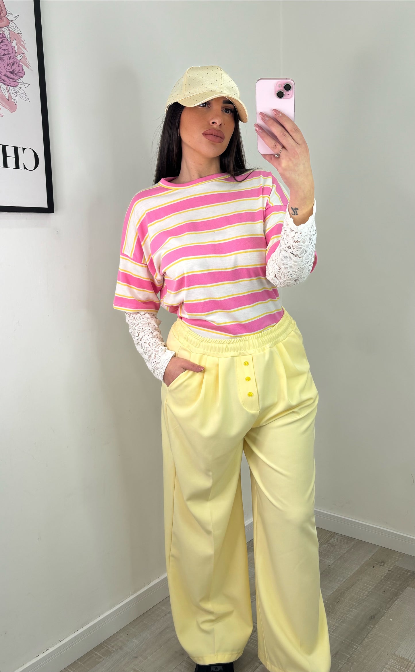 MAGLIA RIGHE MERLETTO ROSA