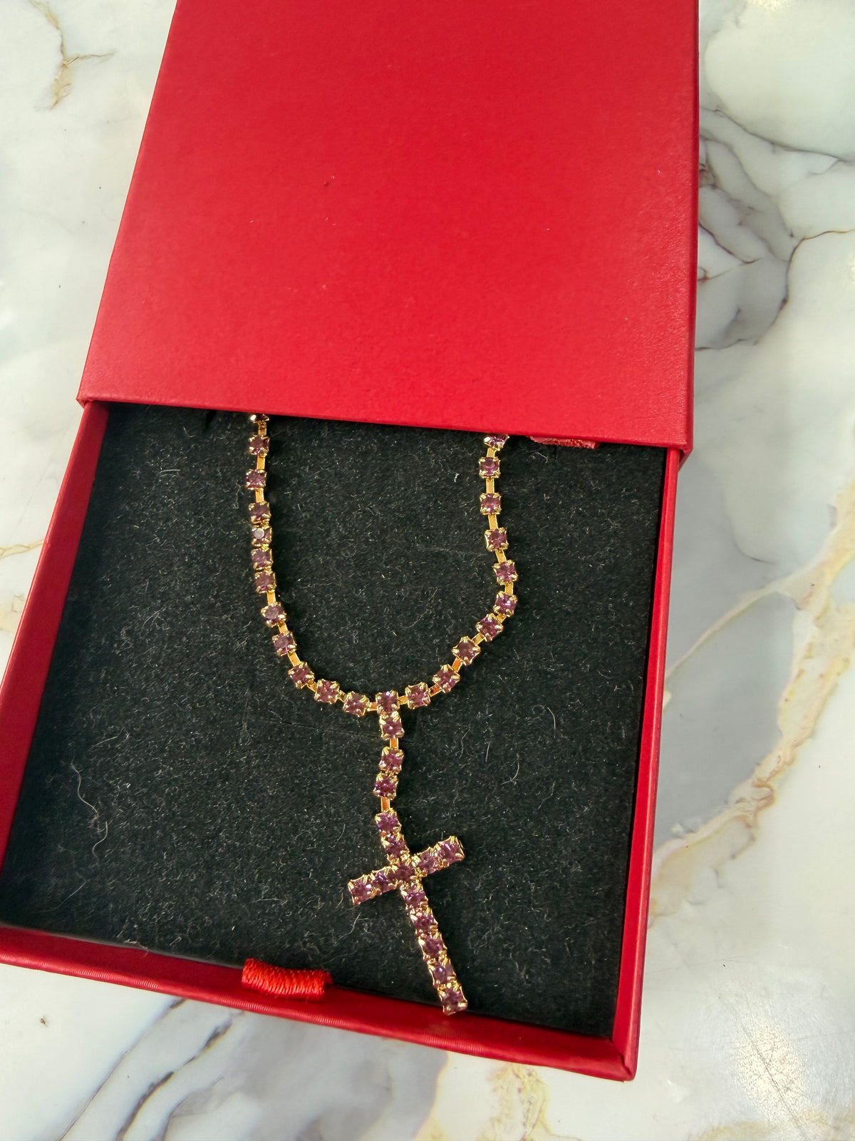 COLLANA CROCE BRILLANTINI ROSA