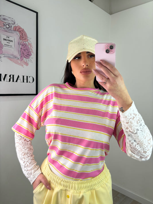 MAGLIA RIGHE MERLETTO ROSA