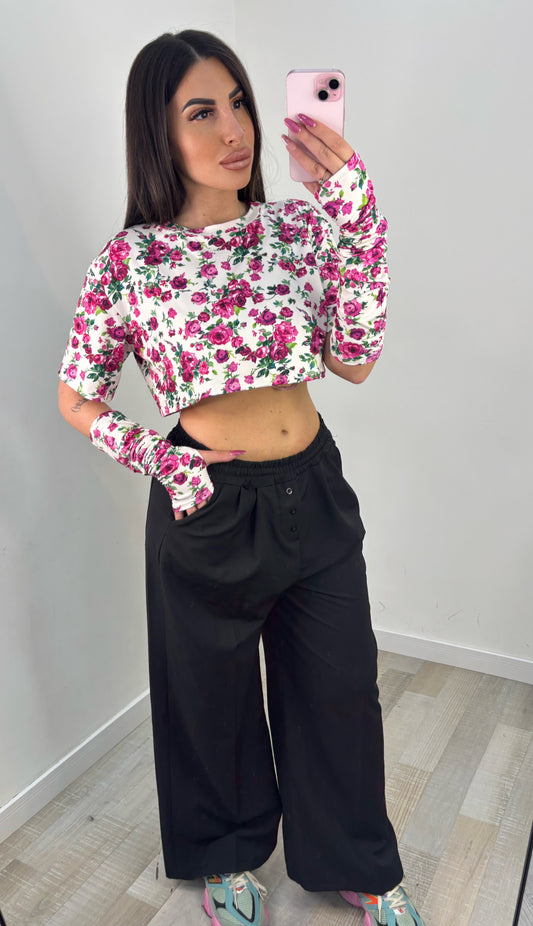 T-SHIRT CROP FIORI FUCSIA